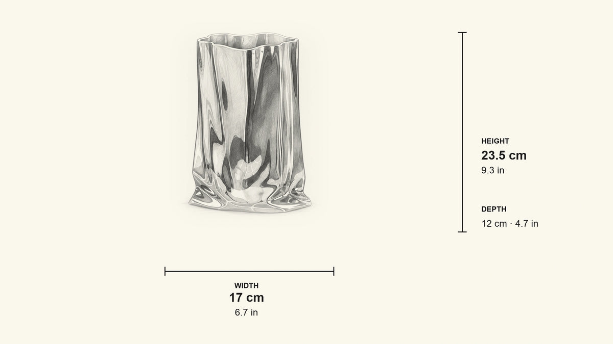 
Pencil dimension sketch of Chrome Flower Vase with measurements in centimetres y inches