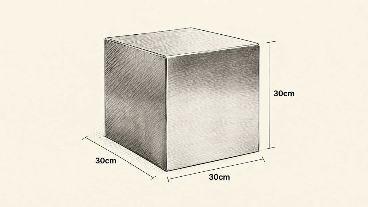 
Chrome Steel Cube Table hand-drawn dimensions sketch with listed measurements