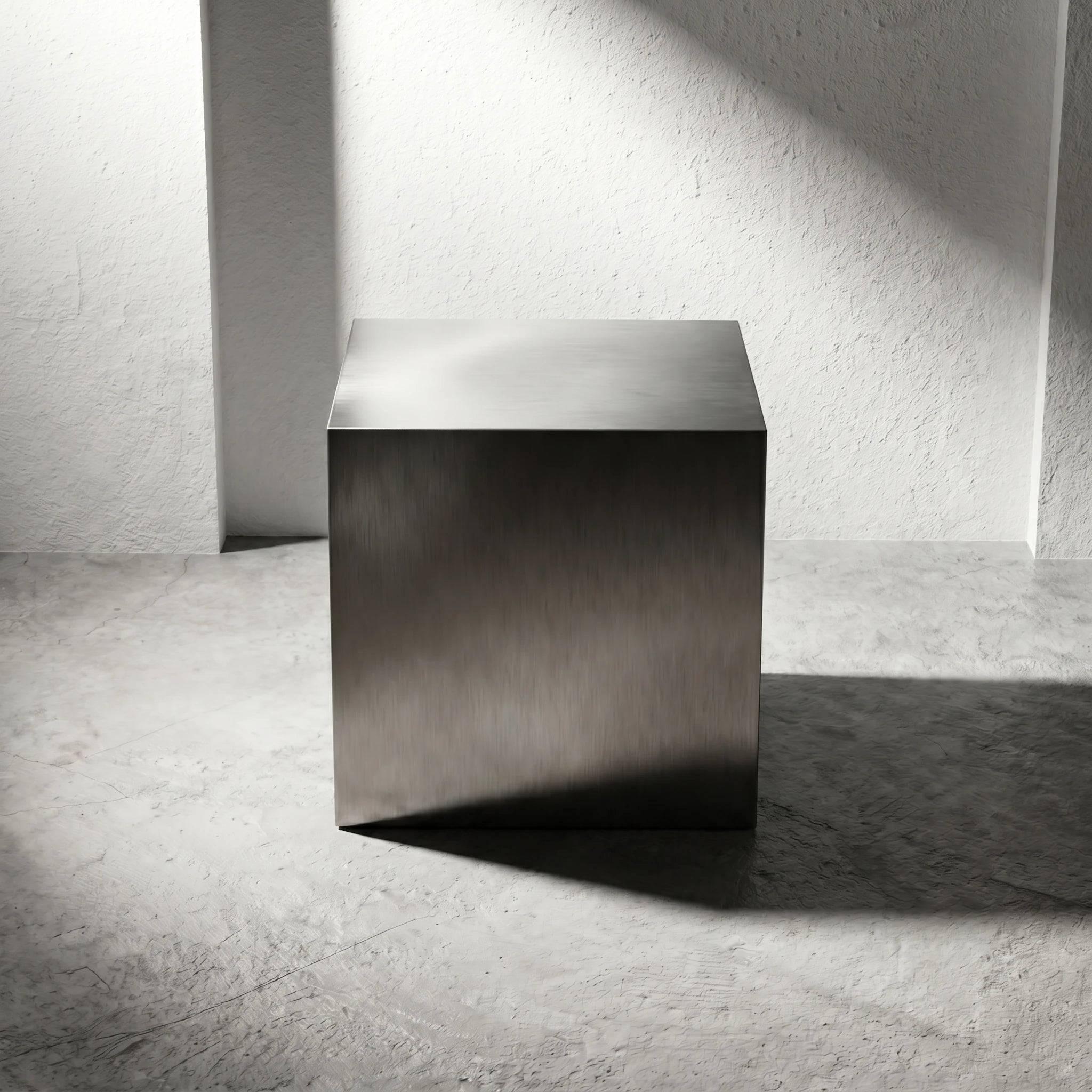 Front view of the Chrome Steel Cube Table styled as a minimalist end table with industrial modern appeal.