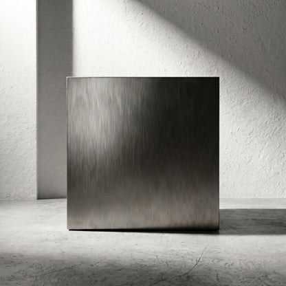 Straight-on crop of the Chrome Steel Cube Table highlighting its solid cube silhouette and brushed metal face.