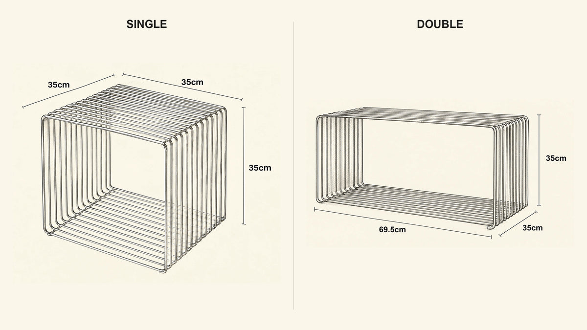 
Chrome Wire Cube Side Table hand-drawn dimensions sketch with listed measurements