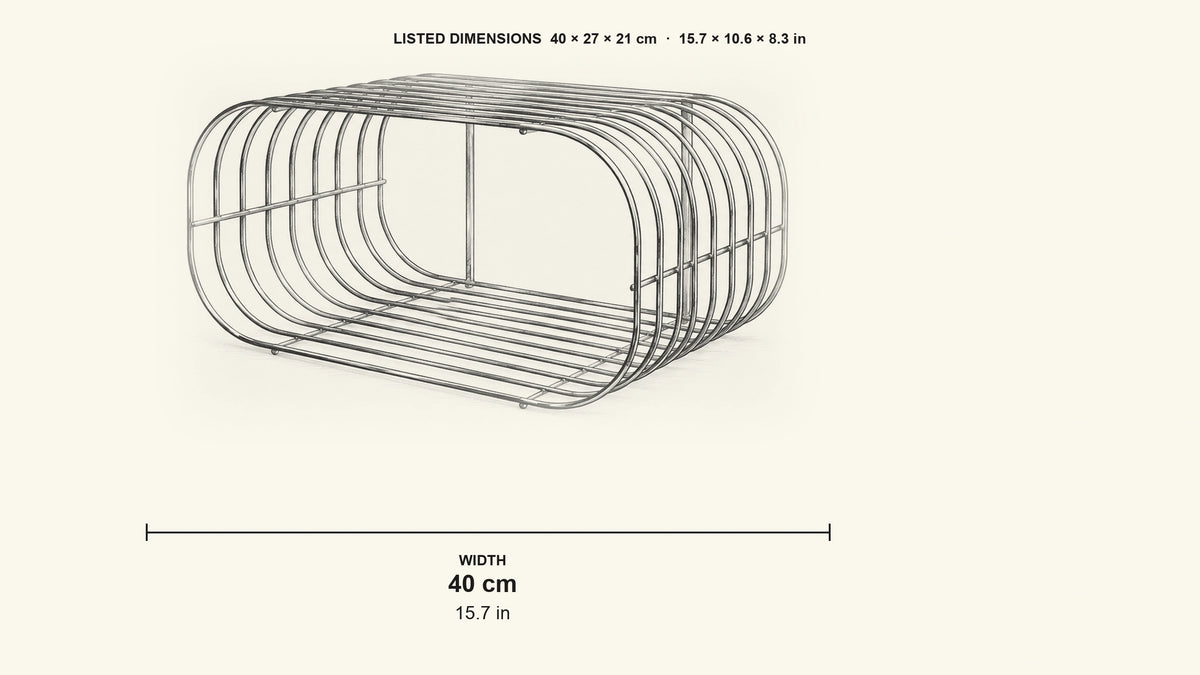 
Pencil dimension sketch of Chrome Wire Wall Shelf with measurements in centimetres and inches