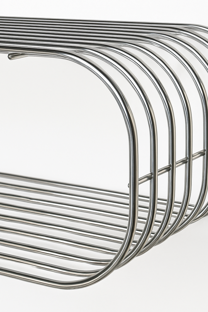 Detailed close-up of chrome stainless steel wire shelf showing polished reflective surface