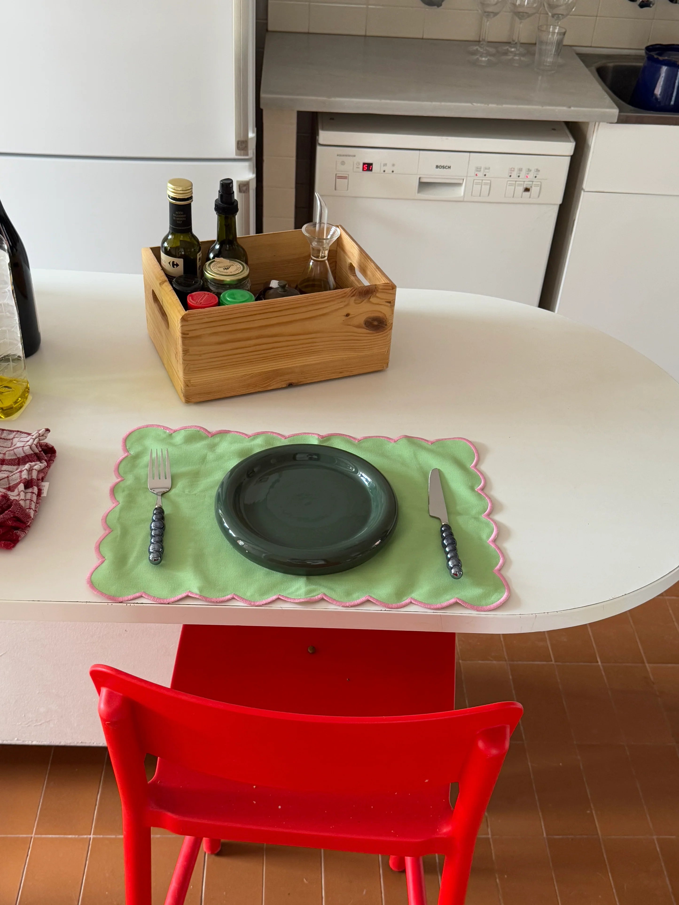 Chunky ceramic plate inspired by Gustaf Westman in minimalist Japandi kitchen setting
