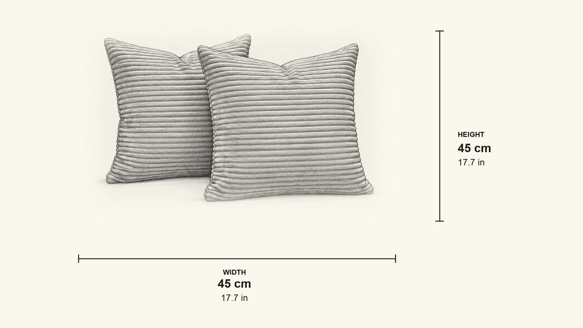 
Pencil dimension sketch of Comfort Corduroy Pillows with measurements in centimetres and inches