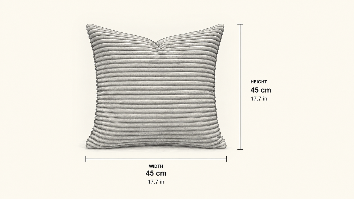 
Dimension drawing of one Comfort Corduroy Pillow, 45 cm wide by 45 cm high (17.7 × 17.7 in).