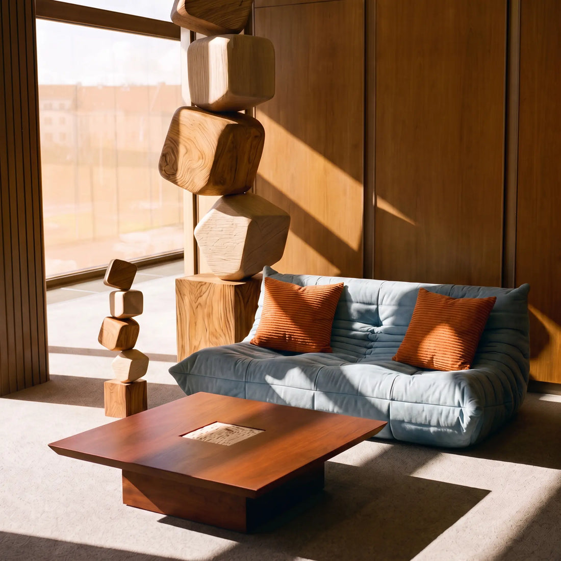 A styled interior scene with a light blue tufted daybed or sofa with two rust-orange pillows, a wooden coffee table, and stacked geometric wooden blocks in a sunlit room with wood-paneled walls.