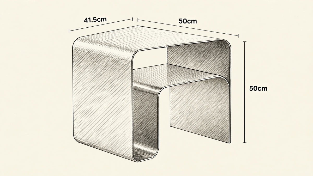 
Curved Steel Coffee Table hand-drawn dimensions sketch with listed measurements