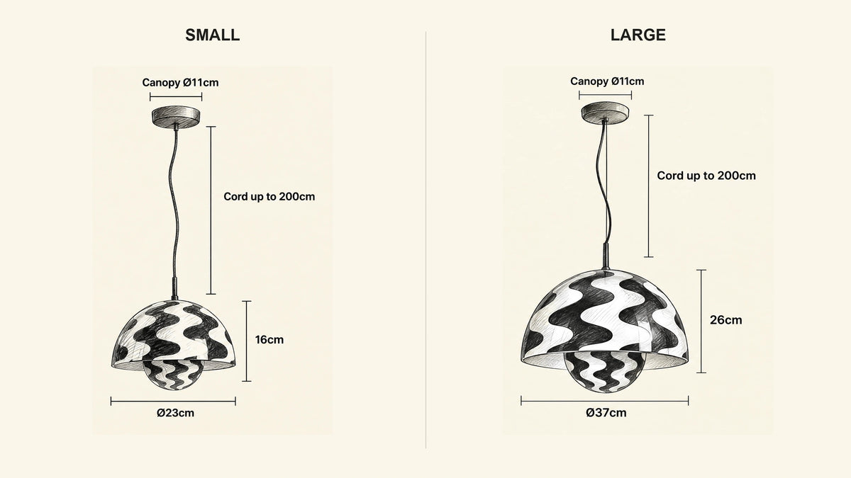 
Domi Pendant Lamp hand-drawn dimensions sketch with listed measurements