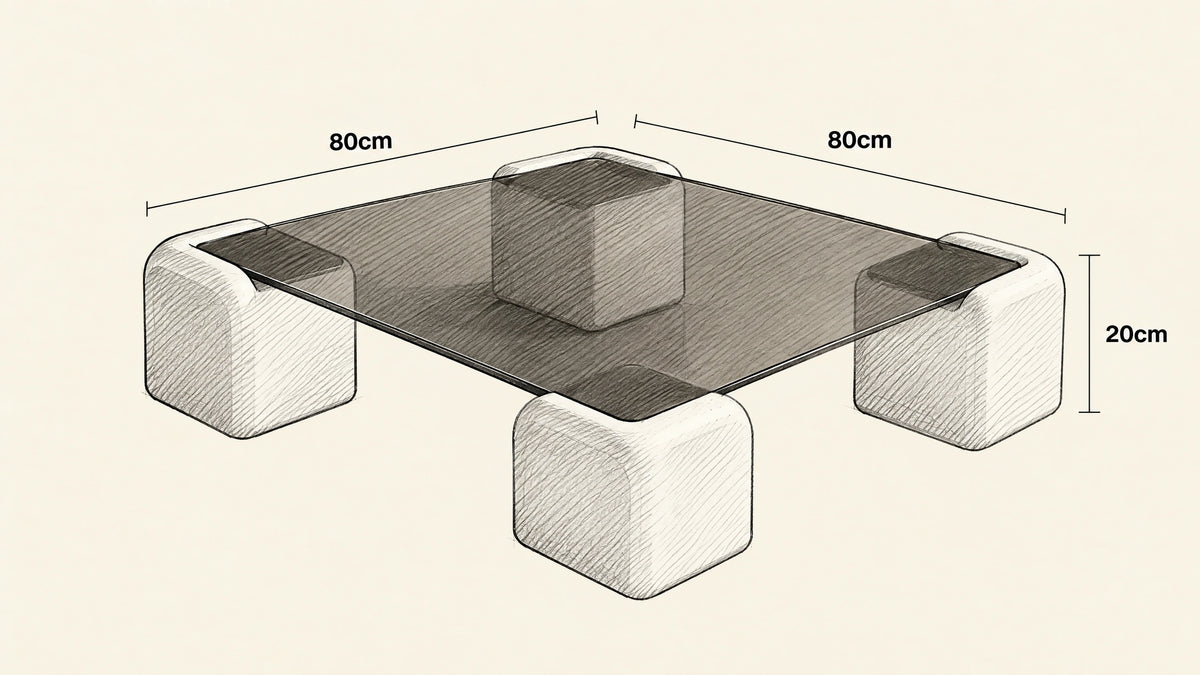 
Elio Low Glas Coffee Table — Square hand-drawn dimensions sketch with listed measurements