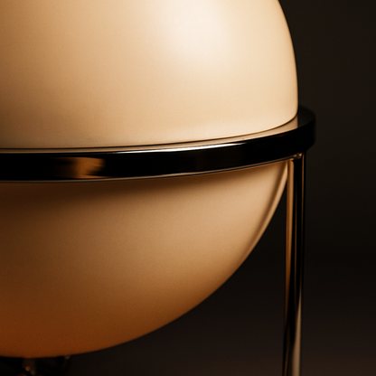 Garrault-inspired globe lamp glowing in soft ambient light, iron and acrylic table lamp with button switch.