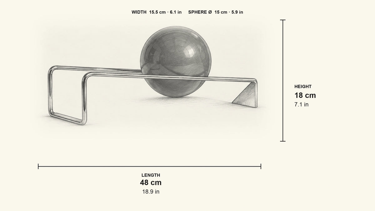 
Pencil dimension sketch of Globe Bookend with measurements in centimetres and inches