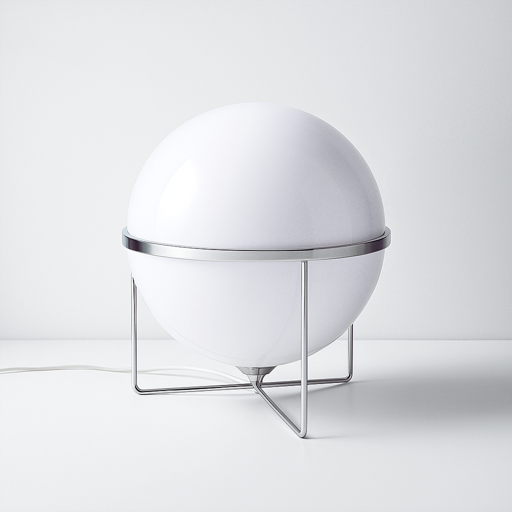 Globe table lamp inspired by Garrault – modern ball lamp in iron and acrylic, with button switch and E27 bulb.