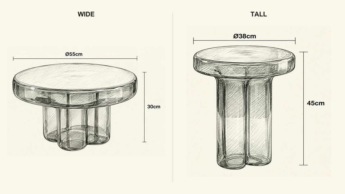
Green Glass Side Table hand-drawn dimensions sketch with listed measurements