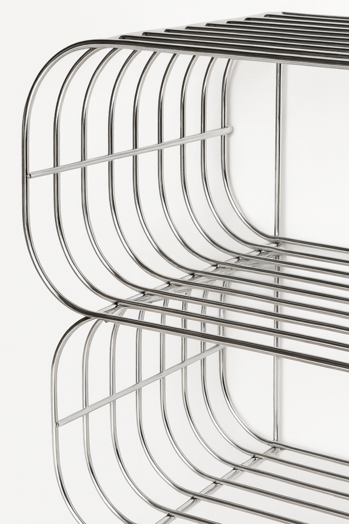 Two floating chrome wire wall shelves stacked together as a modern modular shelf system