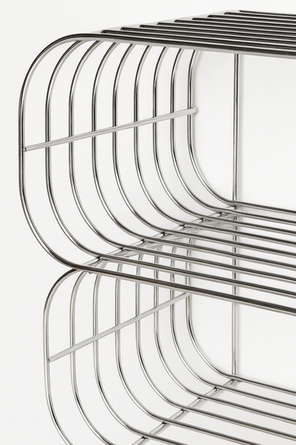 Two floating chrome wire wall shelves stacked together as a modern modular shelf system