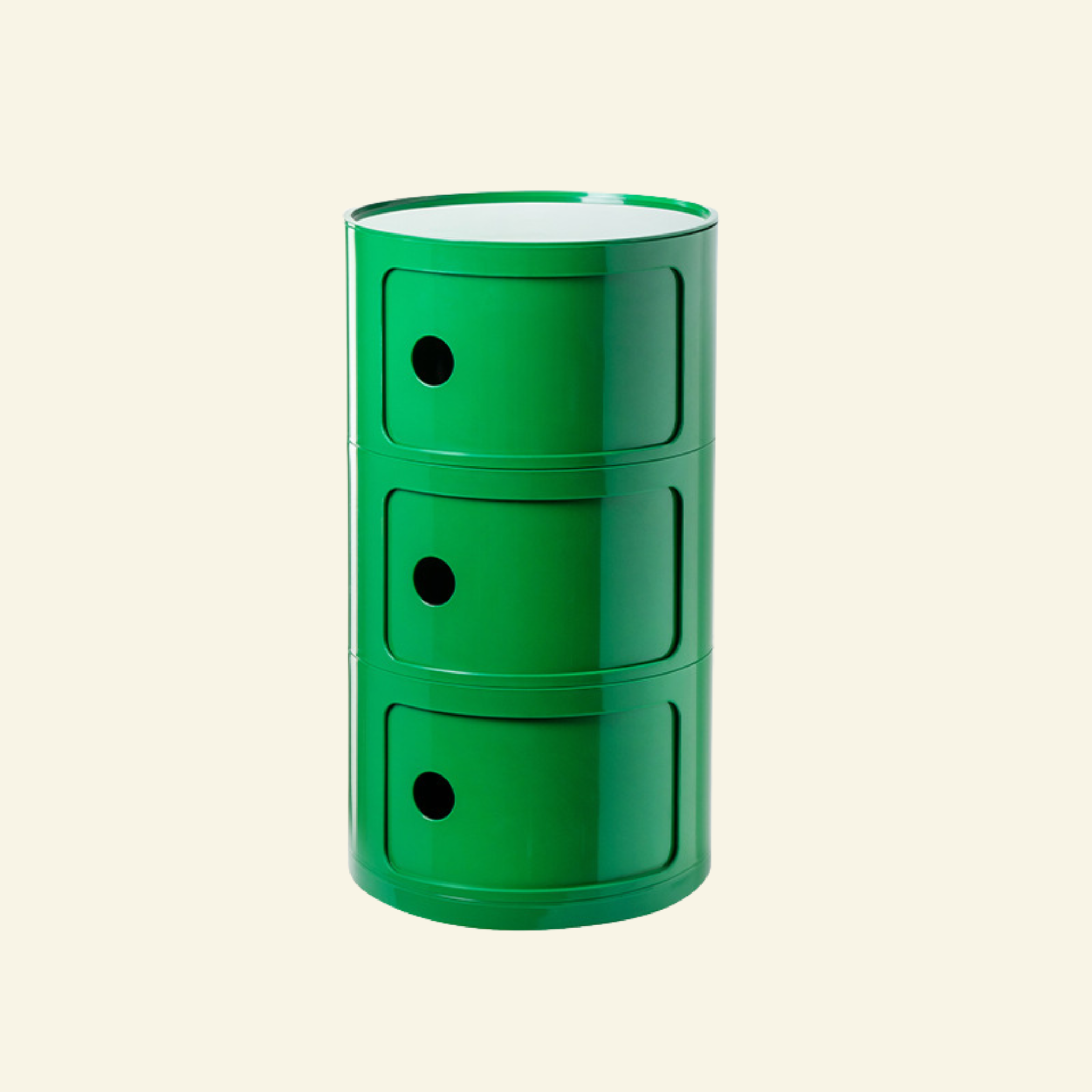 Kartell Componibili dupe round modular storage unit in green glossy plastic with three tiers on beige background