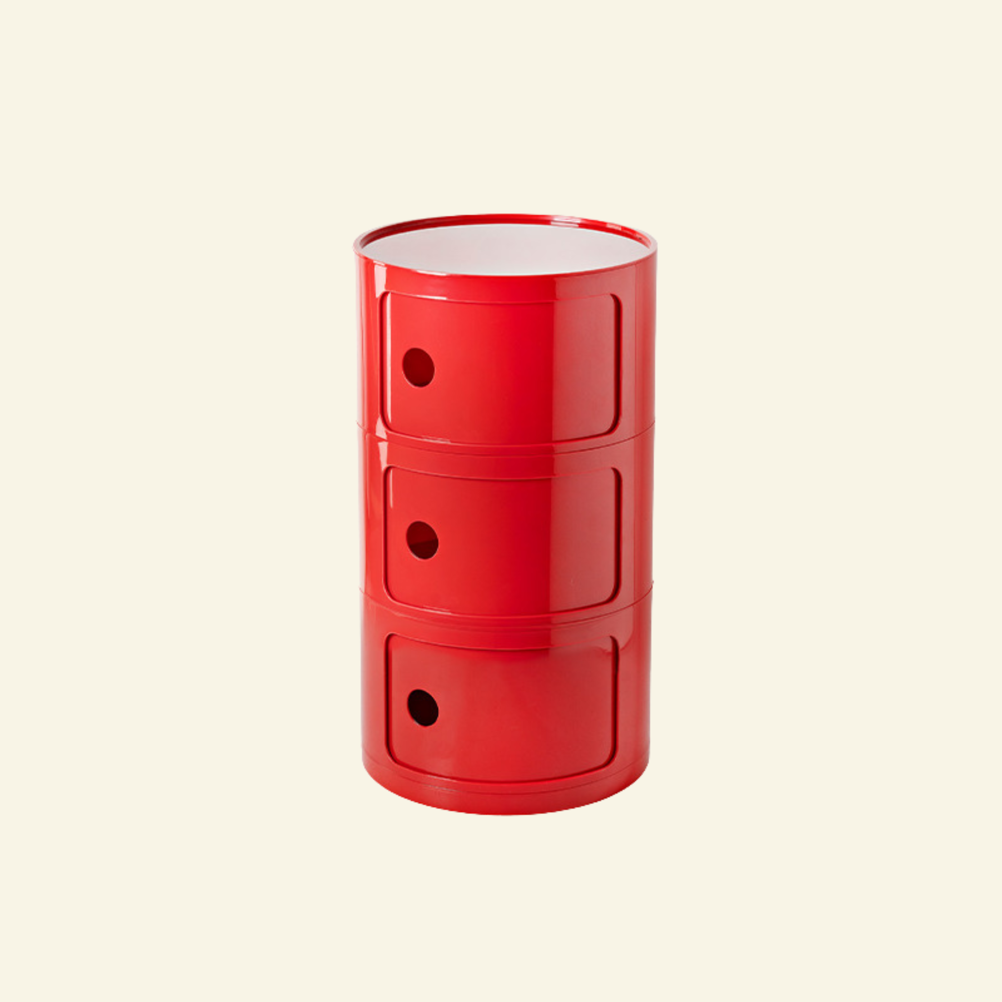 Kartell Componibili dupe round modular storage unit in red glossy plastic with three tiers on beige background