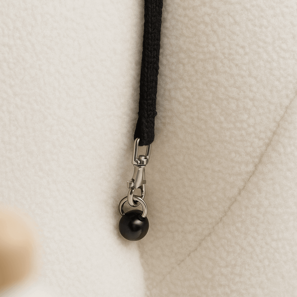 Close-up of boucle fabric with a black pull cord and silver metal carabiner hook on a modular Camaleonda-style sofa, photographed in studio lighting.