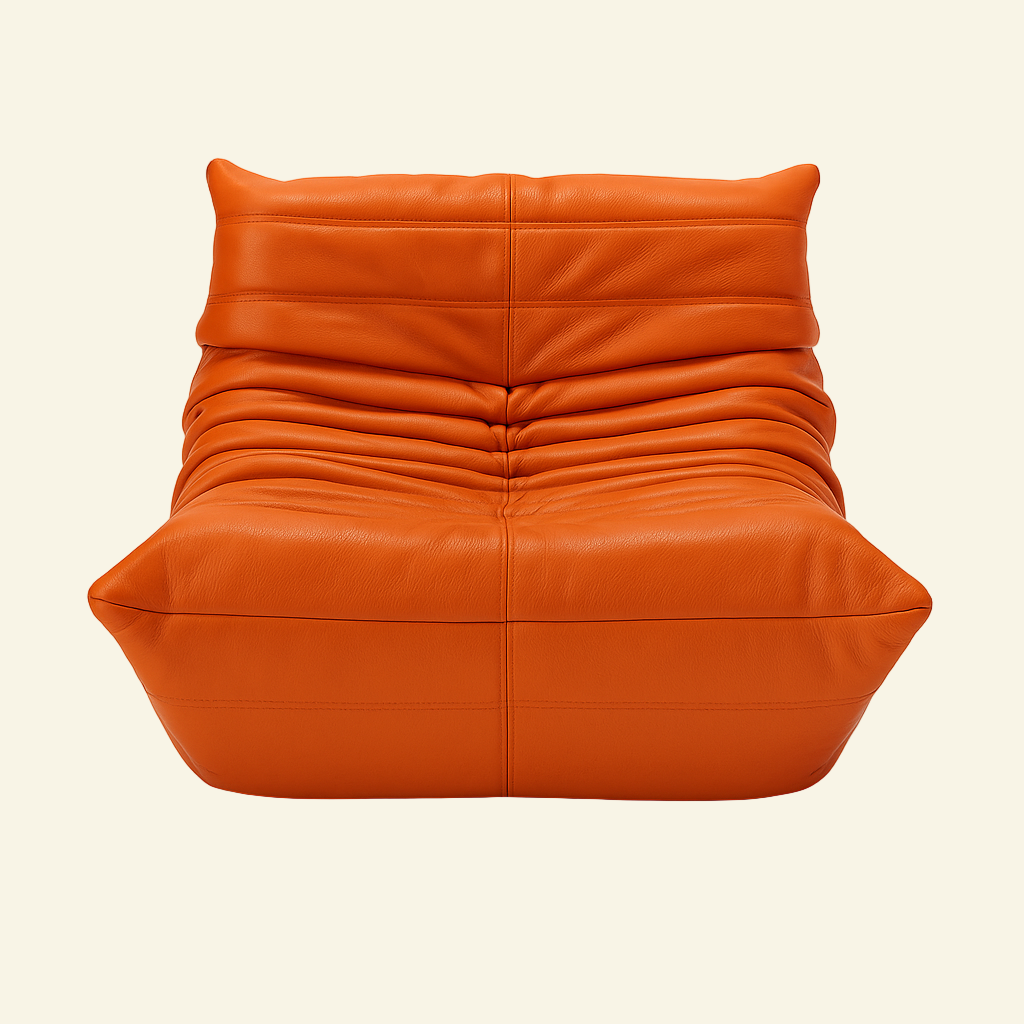 Orange leather togo chair replica on a white background