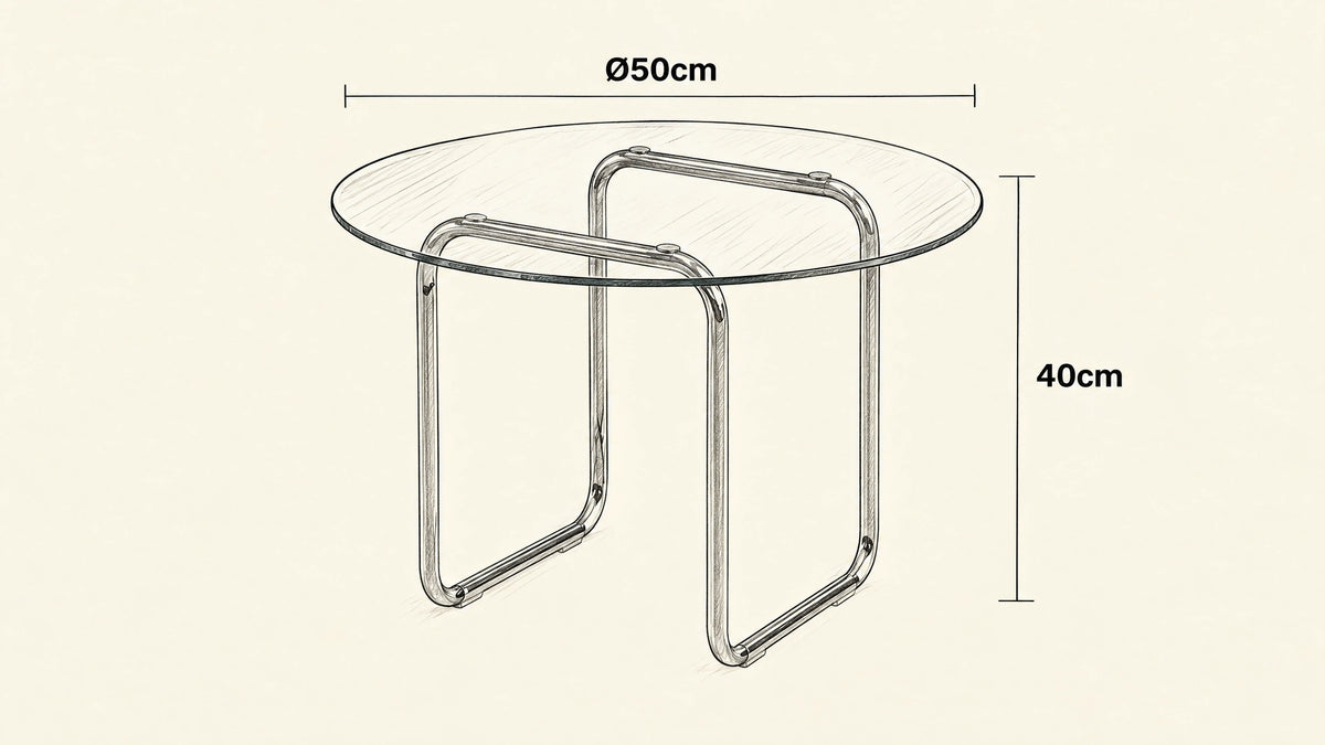 
Orbit Round Glass Coffee Table hand-drawn dimensions sketch with listed measurements