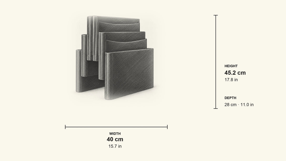 
Pencil dimension sketch of Retro Magazine Rack -  Vinyl &amp; Book Stand with measurements in centimetres och inches
