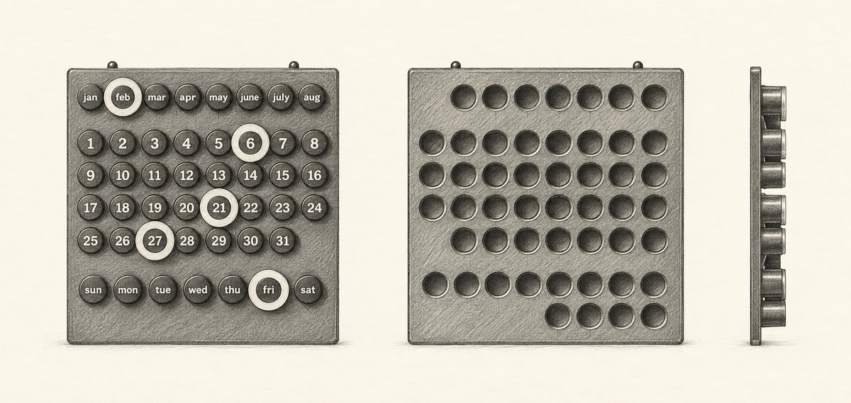
Pencil drawing of Ring-a-Date calendar showing front, back, och side views