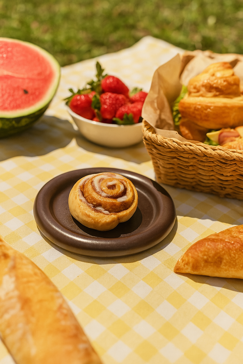 Chunky ceramic plate styled at outdoor picnic with food, Gustaf Westman–inspired design in natural light