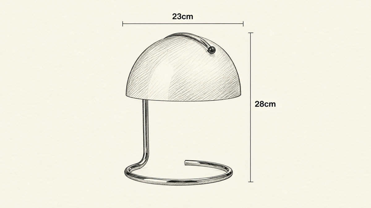 
Soleil Curve Lamp hand-drawn dimensions sketch with listed measurements