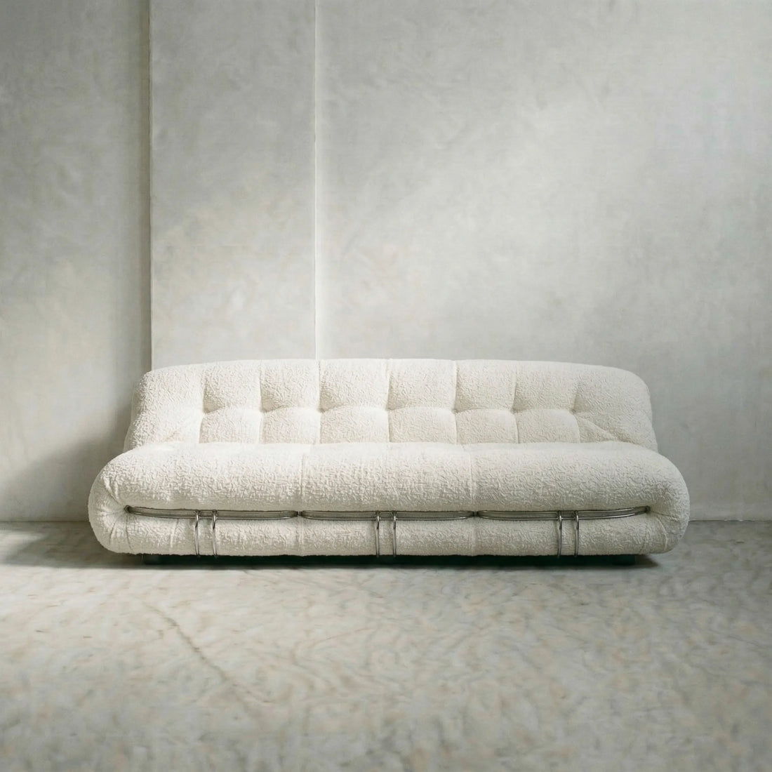soriana sofa 3-seater dupe in white bouclé on gray floor with white wall background