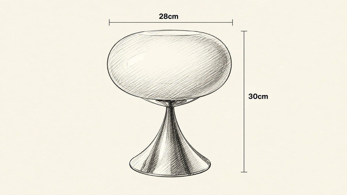
Space Age Table Lamp hand-drawn dimensions sketch with listed measurements