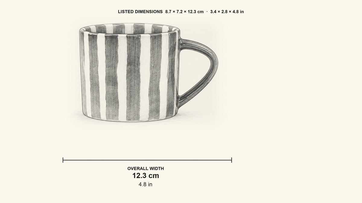 
Pencil dimension sketch of Striped Ceramic Mug with measurements in centimetres en inches