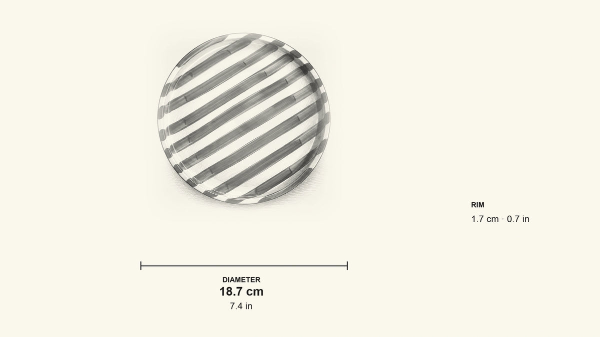 
Pencil dimension sketch of Striped Dinner Plate with measurements in centimetres y inches