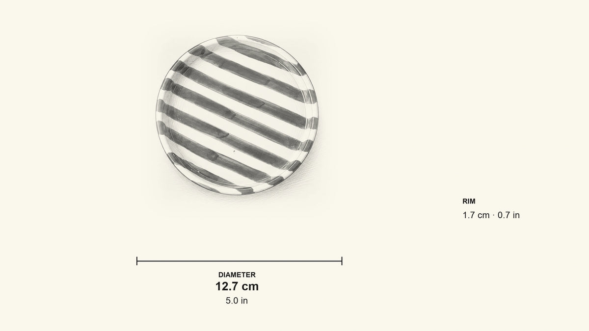 
Pencil dimension sketch of Striped Side Plate with measurements in centimetres og inches