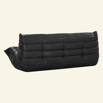 Togo 3-seater sofa replica in black leather, back view showing signature pleated design – Vibehaus.