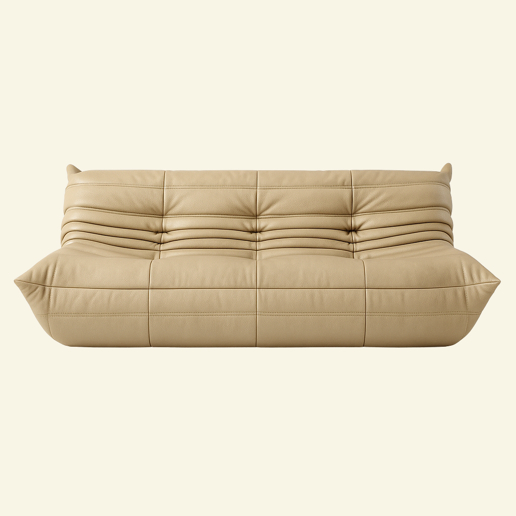 Togo-inspired 3-seater sofa replica in beige leather, full front view with deep seat and pleated folds – Vibehaus.