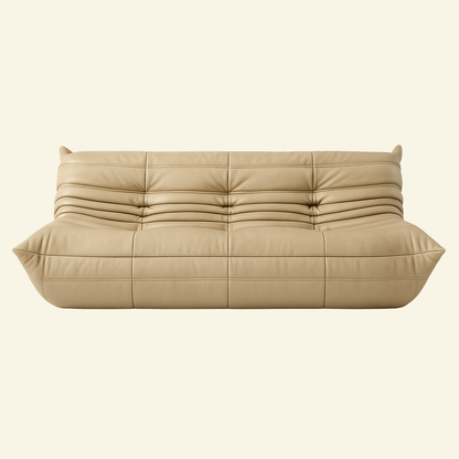 Togo-inspired 3-seater sofa replica in beige leather, full front view with deep seat and pleated folds – Vibehaus.