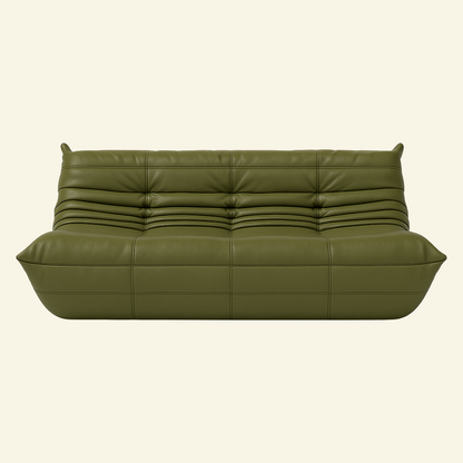 Togo-inspired 3-seater sofa replica in green leather, full front view with deep seat and pleated folds – Vibehaus.