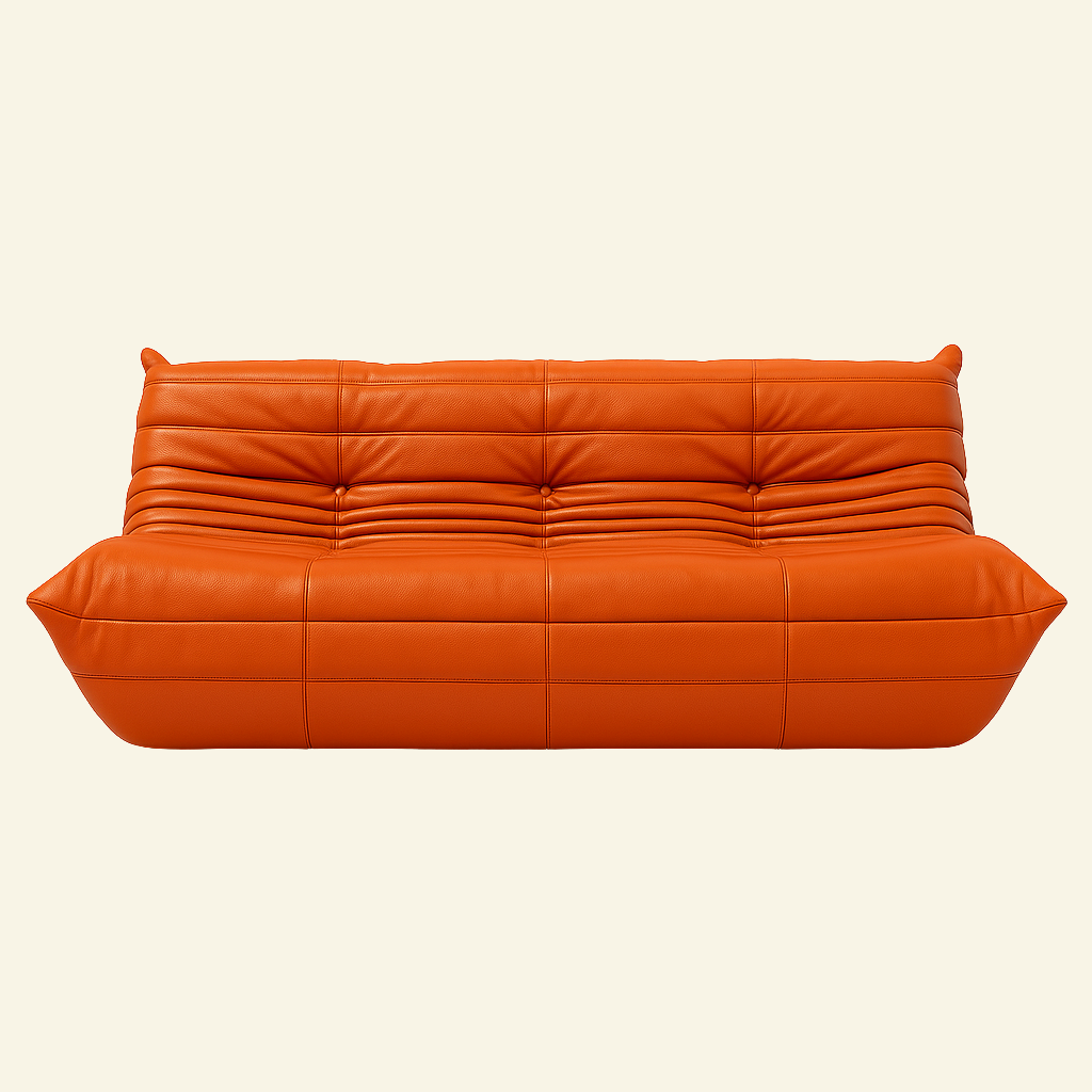Togo-inspired 3-seater sofa replica in orange leather, full front view with deep seat and pleated folds – Vibehaus.
