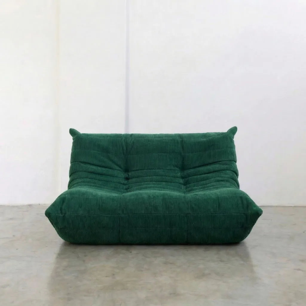 Togo 2-seater Sofa dupe in dark green corduroy with Togo silhouette designed by michael ducaroy for ligne roset – custom-made by vibehaus