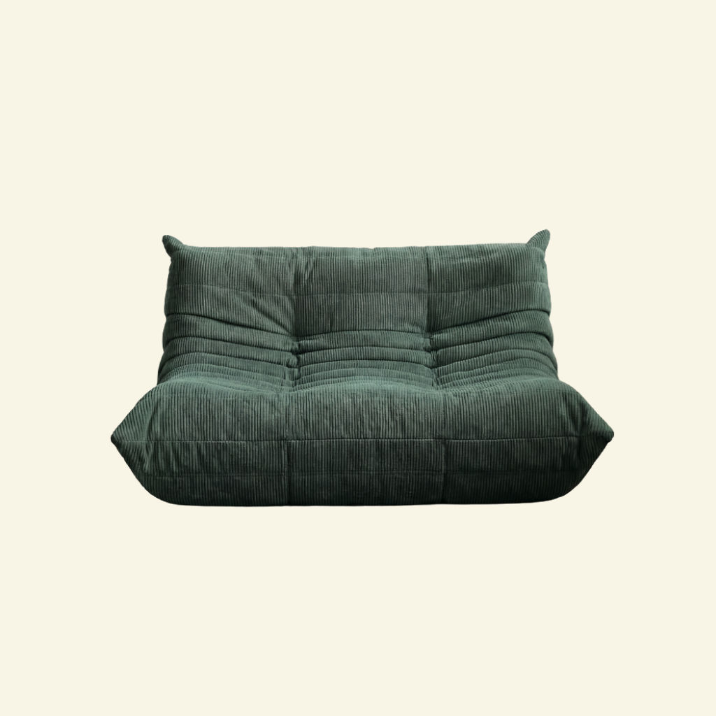 Togo 2-seater Sofa dupe in dark green corduroy with Togo silhouette designed by michael ducaroy for ligne roset – custom-made by vibehaus