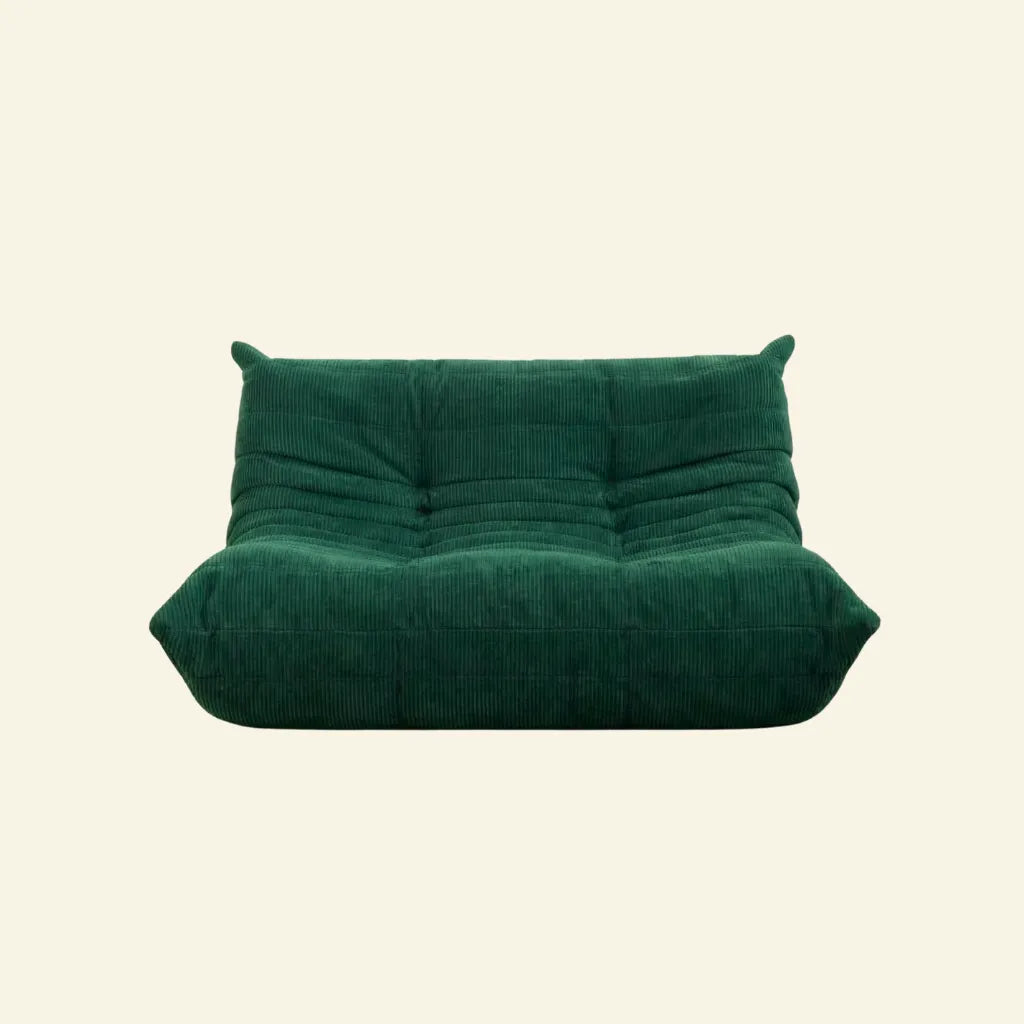 Togo 2-seater Sofa dupe in dark green corduroy with Togo silhouette designed by michael ducaroy for ligne roset – custom-made by vibehaus