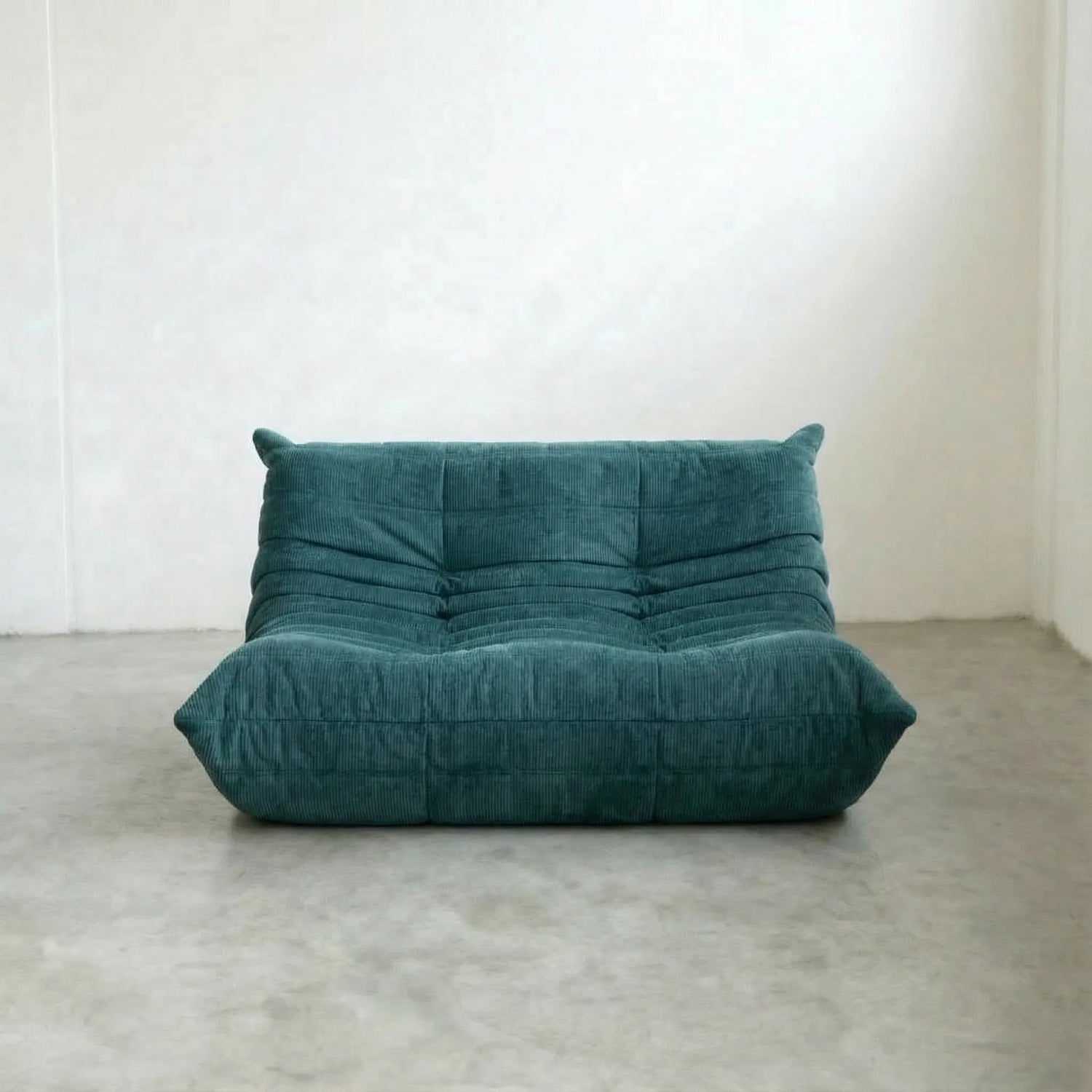 Togo 2-seater Sofa dupe in turquoise blue corduroy with Togo silhouette designed by michael ducaroy for ligne roset – custom-made by vibehaus