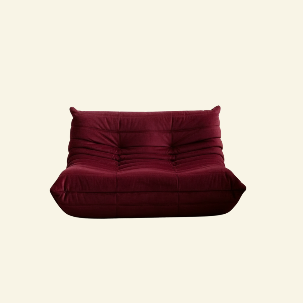 Togo 2-seater Sofa dupe in dark red burgundy velvet suede with Togo silhouette designed by michael ducaroy for ligne roset – custom-made by vibehaus