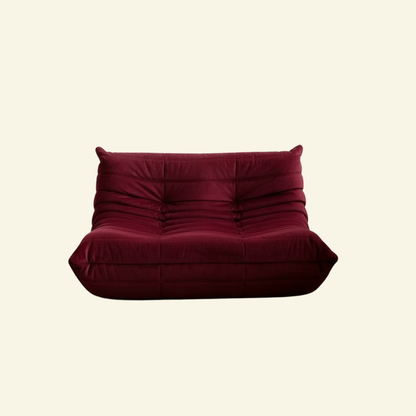 Togo 2-seater Sofa dupe in dark red burgundy velvet suede with Togo silhouette designed by michael ducaroy for ligne roset – custom-made by vibehaus