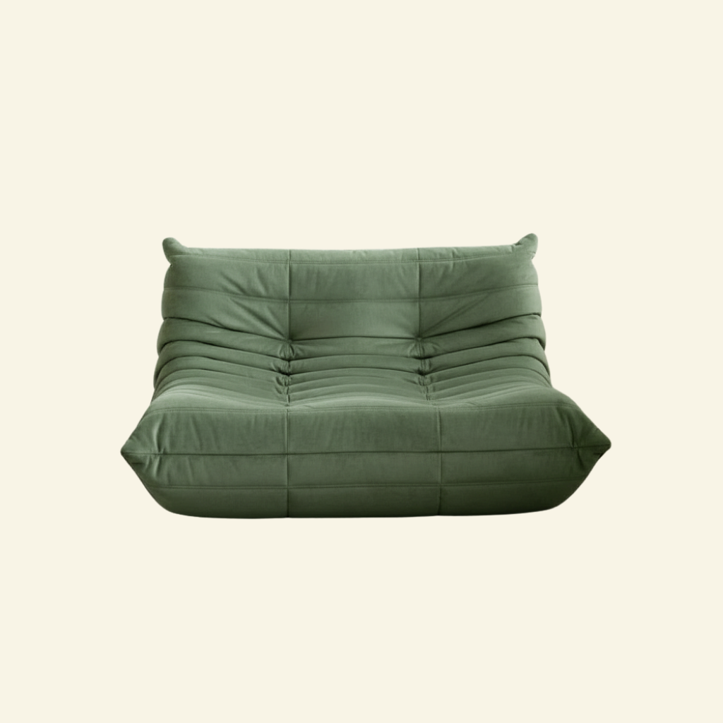 Matcha-green replica dupe of the velvet Togo-style 2-seater sofa  – low, frameless design with plush channel tufting