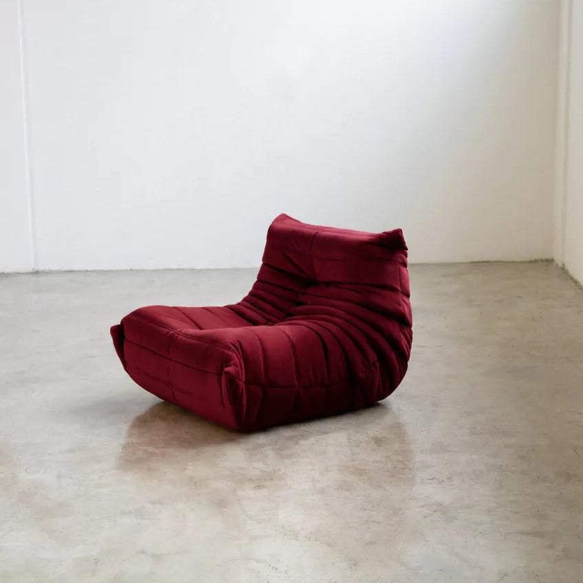 Handmade caterpillar sofa chair as dupe in velvet burgundy – plush high-density sponge filling for ergonomic comfort