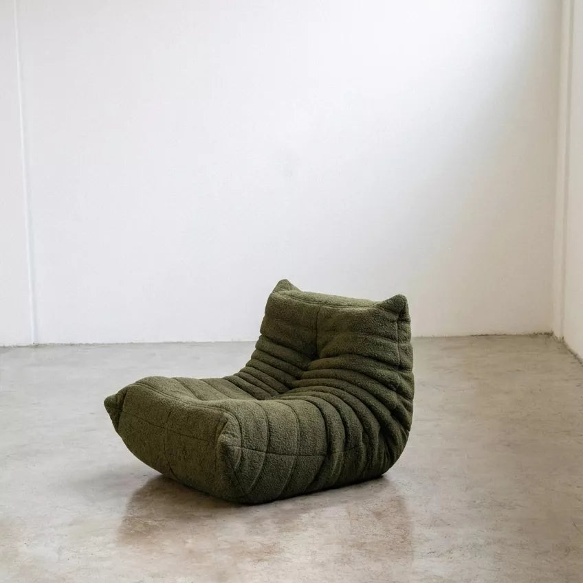 Handmade caterpillar sofa chair as dupe in boucle green – plush high-density sponge filling for ergonomic comfort