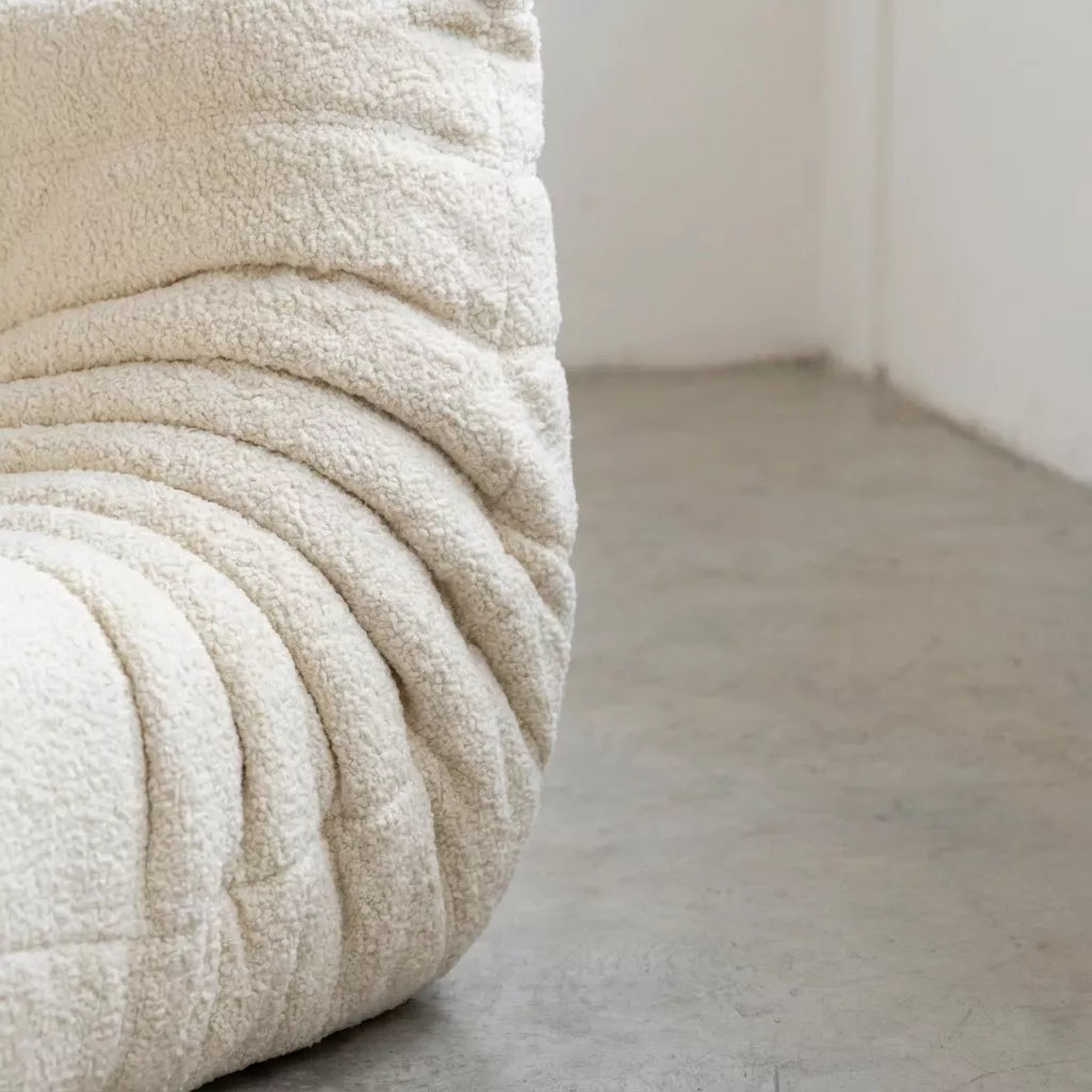 Handmade caterpillar sofa chair as dupe in boucle white – plush high-density sponge filling for ergonomic comfort