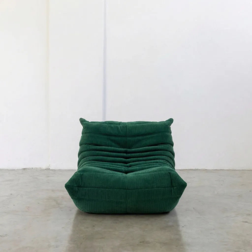 Handmade caterpillar sofa chair as dupe in corduroy green – plush high-density sponge filling for ergonomic comfort